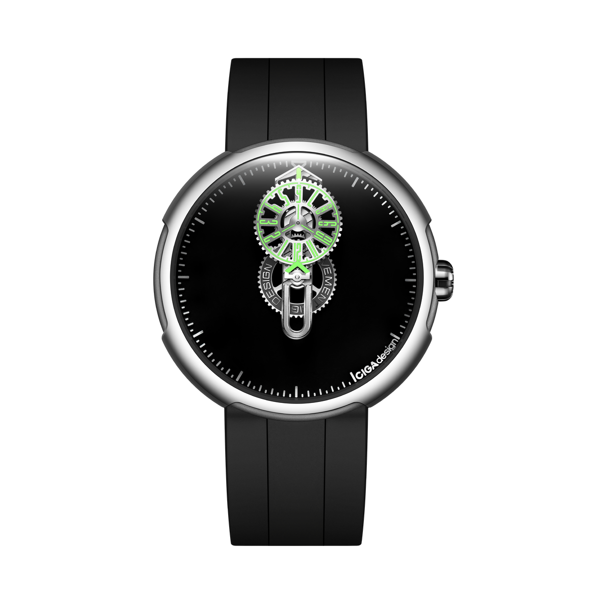 Relógio CIGA design Time Cipher Silver (T021-SISI-6B) — caixa de aço 316L polido, mostrador Super Black e hora vagante