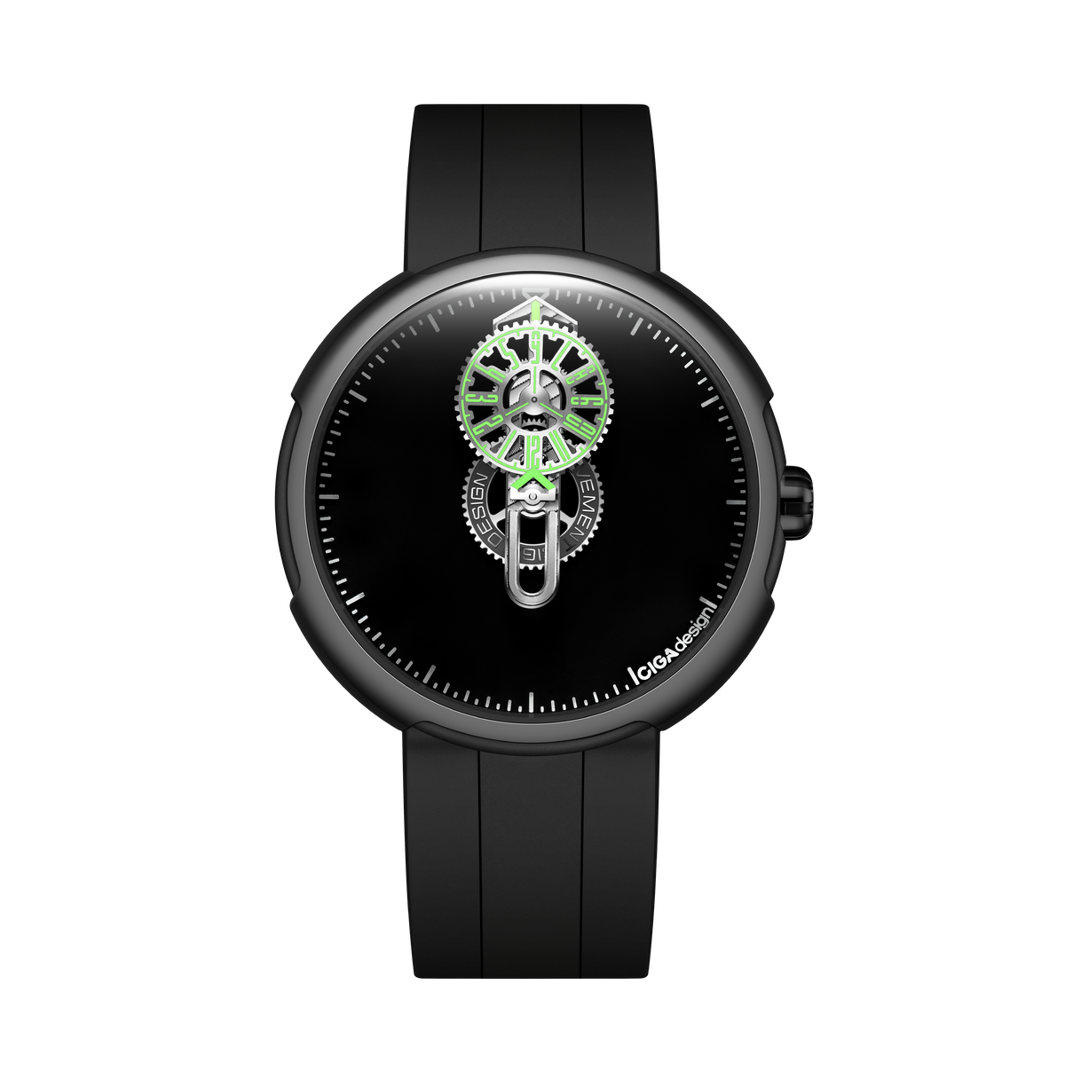 Relógio CIGA design Time Cipher Carbon (T021-SIGR-6B) — caixa de aço 316L na cor carbono fosca, mostrador Super Black e hora vagante