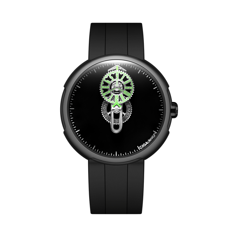 Relógio CIGA design Time Cipher Carbon (T021-SIGR-6B) — caixa de aço 316L na cor carbono fosca, mostrador Super Black e hora vagante