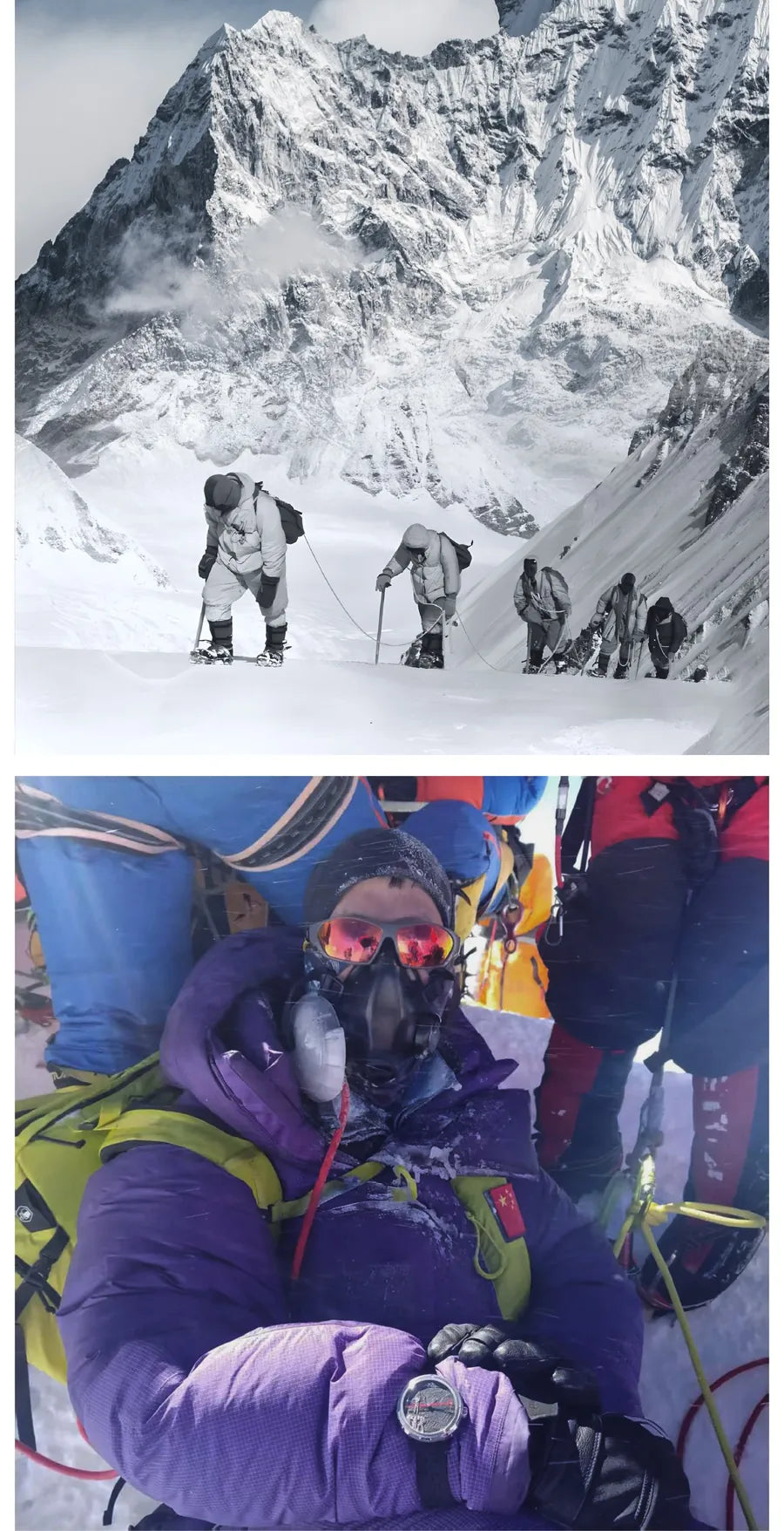 Montanhistas subindo a encosta nevada e alpinista com máscara de oxigênio usando o relógio no pulso