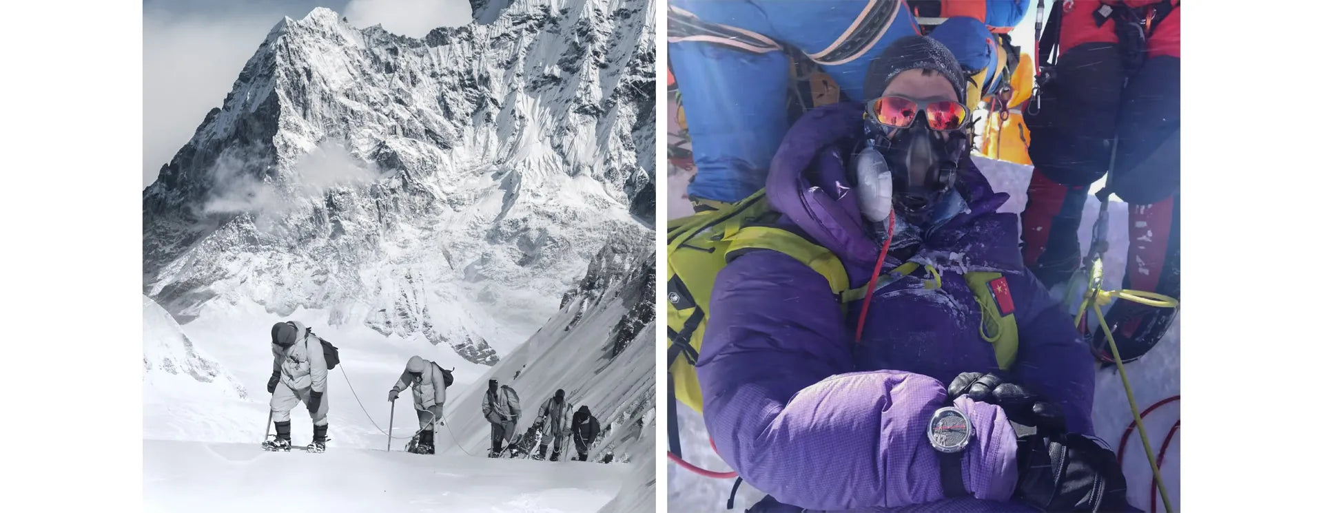 Montanhistas em fila na encosta nevada e alpinista com máscara de oxigênio usando o relógio no pulso