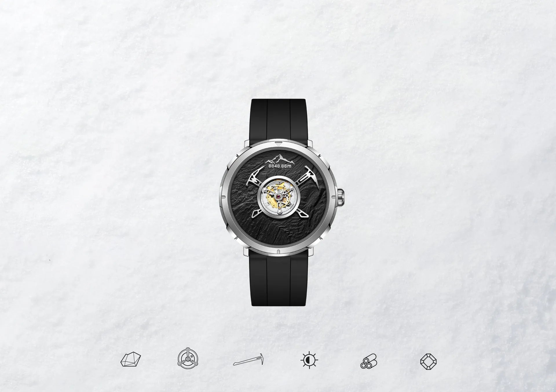 Em tributo à primeira ascensão da humanidade, a CIGA design cria o relógio Everest Summit. Em seu núcleo, o turbilhão central se ergue como um dos picos da própria relojoaria. Fragmentos da rocha do Everest formam o mostrador, enquanto ponteiros luminosos em forma de picareta de gelo traçam a passagem do tempo como passos rumo ao cume. Com 45mm, forjado no leve titânio Grau 5, repousa com elegância no pulso — onde a maestria encontra o requinte, carregando o espírito de exceção em cada instante.