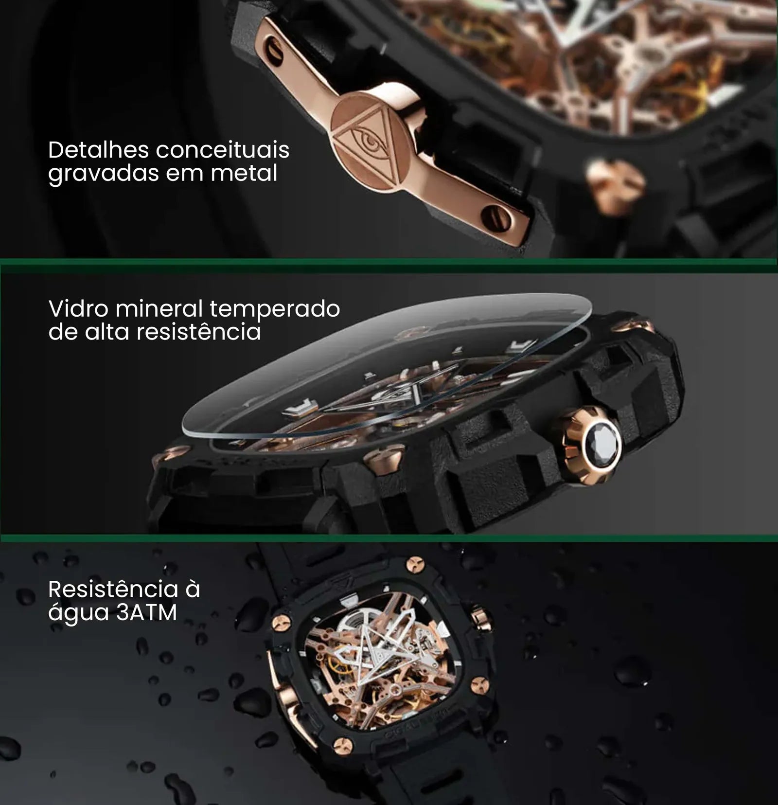 Detalhes conceituais gravados em metal, vidro mineral temperado e resistência à água 3 ATM
