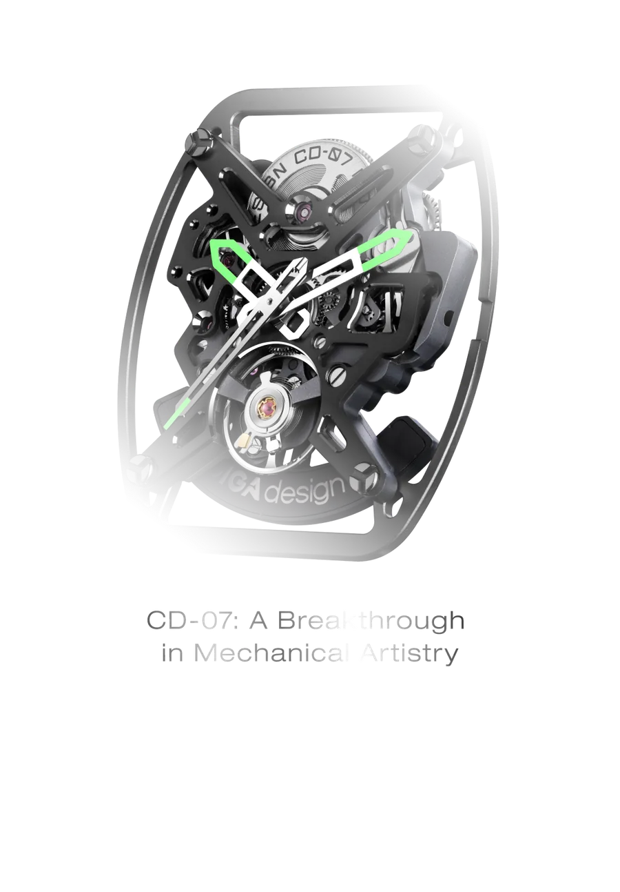 Equilibrando com perfeição confiabilidade e expressão artística, o calibre automático CD-07, de manufatura própria, representa um avanço no artesanato mecânico. Sua ponte e platina esqueletizadas ampliam em 200% o mecanismo visível, enquanto quatro parafusos nos cantos garantem mais estabilidade e absorção de impactos.