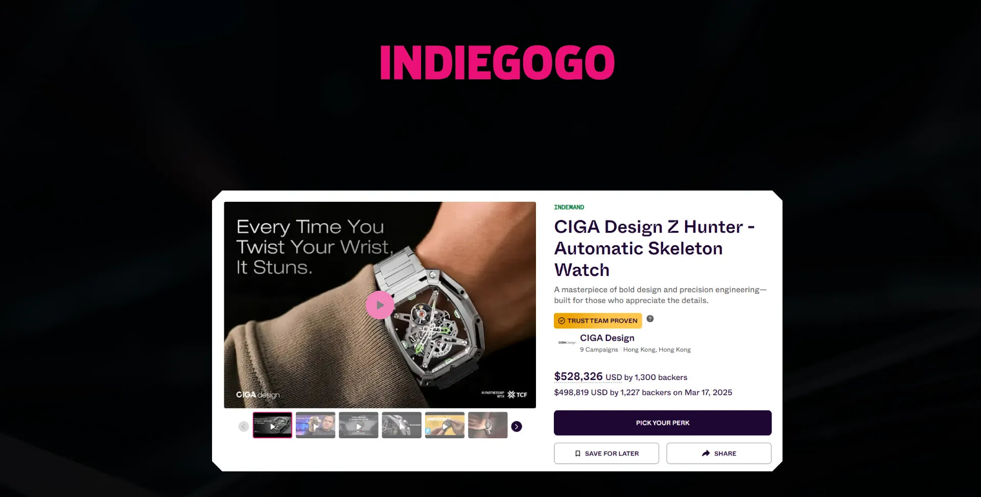 Em 2025, o HUNTER arrecadou impressionantes US$ 528.326 no Indiegogo, com o apoio de 1.300 financiadores em 65 países e mais de 1.400 unidades vendidas no mundo todo.