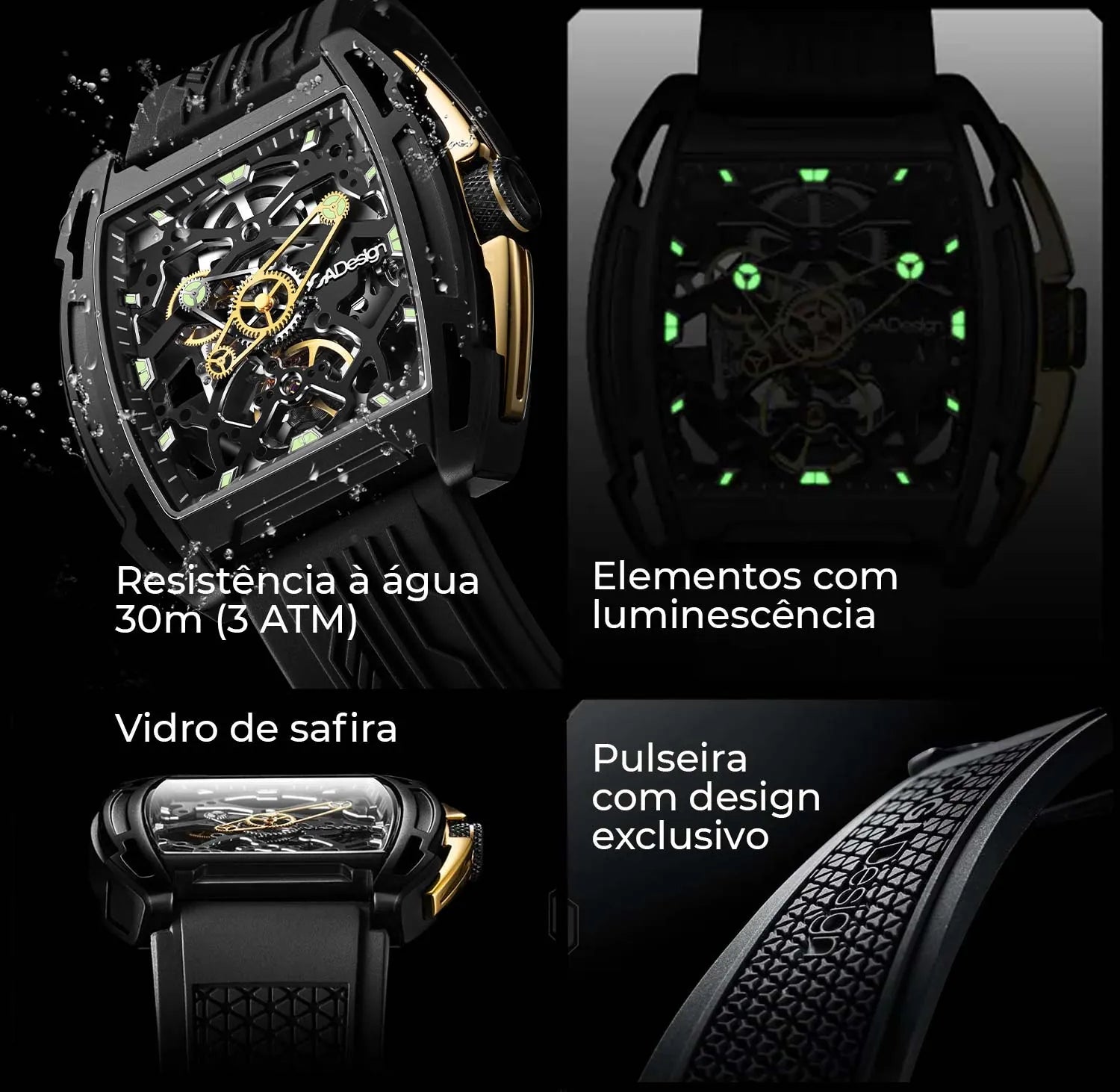 Resistência à água 3 ATM · Luminescência · Vidro de safira · Pulseira exclusiva