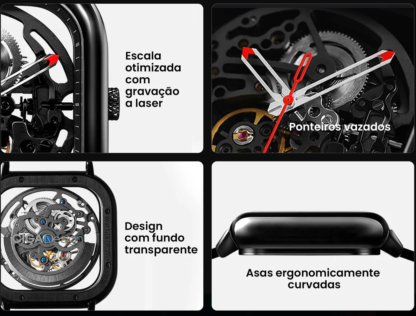 Detalhes do CIGA design Skeleton — gravação a laser, ponteiros vazados, fundo transparente e asas curvadas