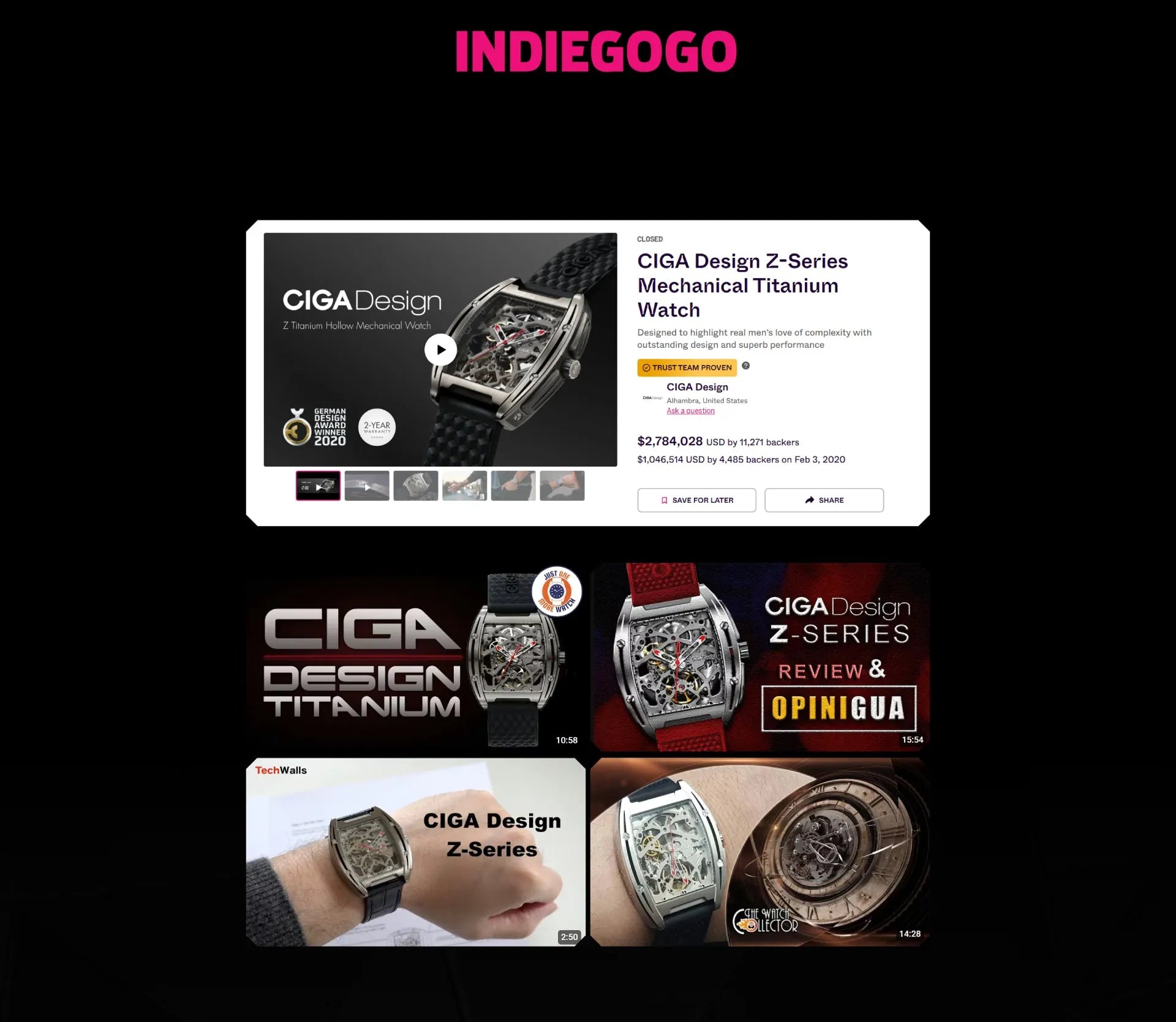 Em 2020, o Z Series Edge rapidamente alcançou o 1º lugar na categoria de relógios do Indiegogo, na sequência da conquista do German Design Award 2020